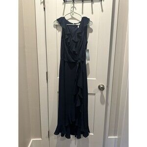 London Times Navy Blue Hi-Low Ruffle Faux Wrap Dress, Size 8 NWT
